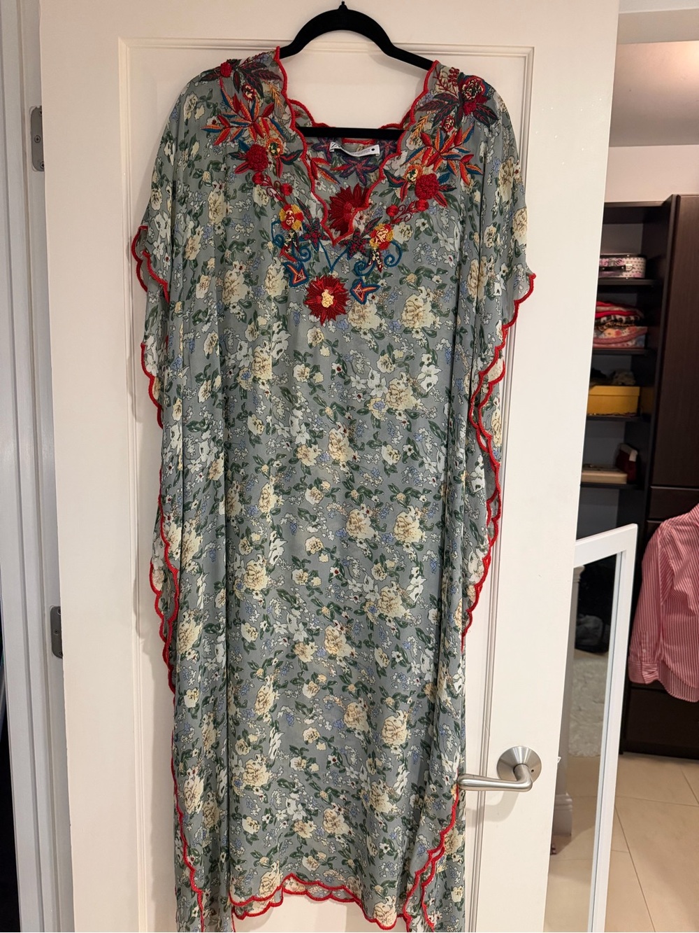Zara Sage Floral Maxi Dress with Red Embroidered Trim